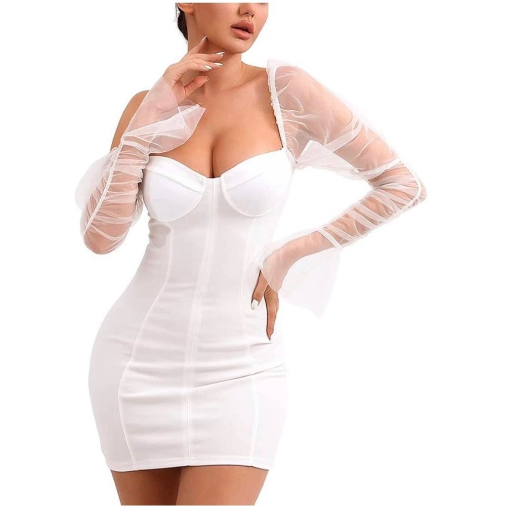 White Mini Dress with Sheer Sleeves